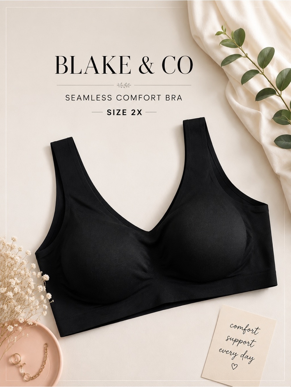 Blake & Co Seamless Comfort Support Bra Black Wireless Pullover Size 2X